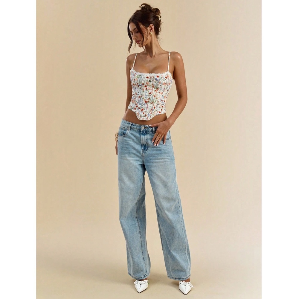 White Ditsy Floral Cami Top Corset Style Lace Up Back - Picture 4 of 9